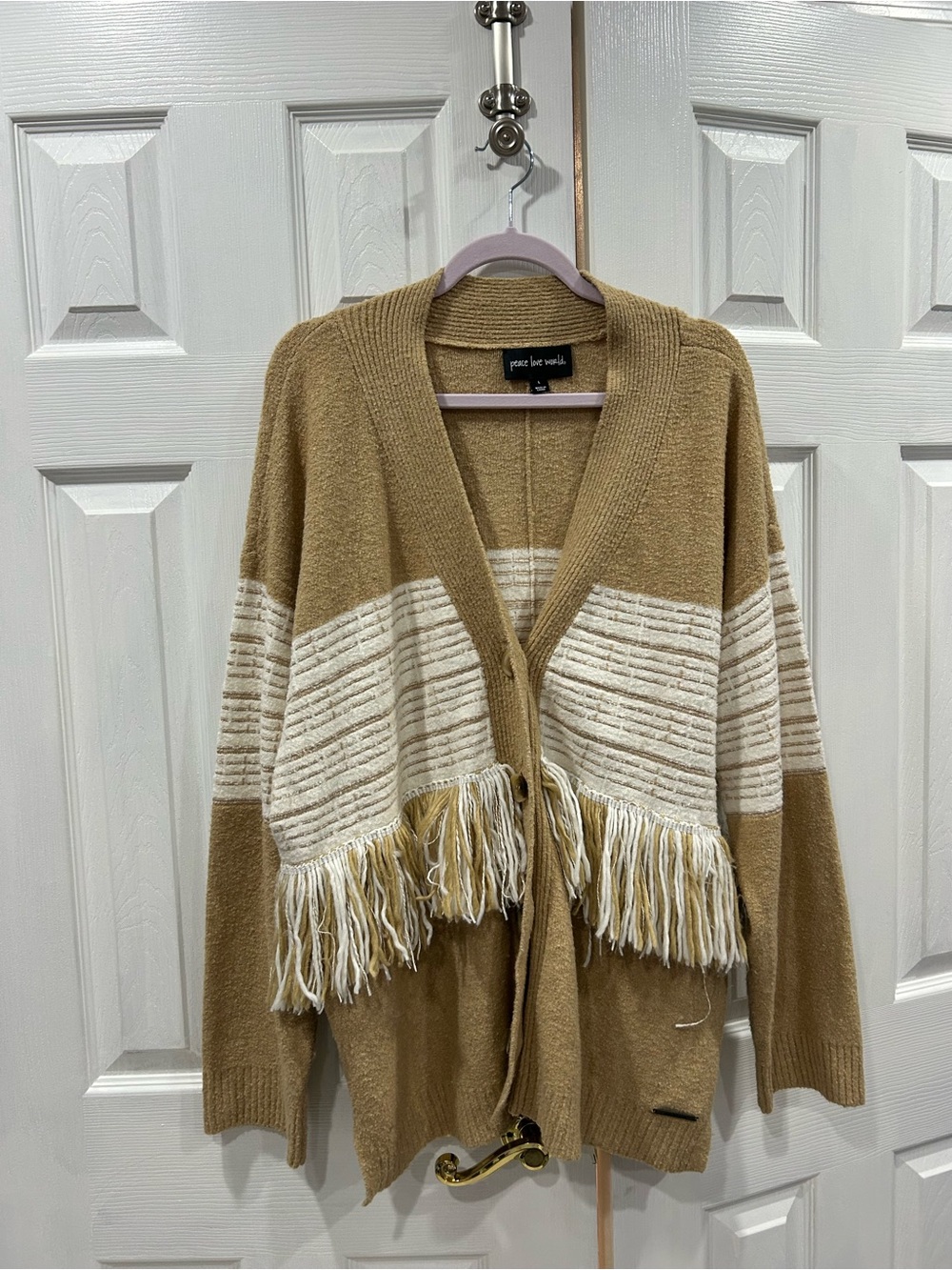 Peace Love World Tan & Cream Fringe Open Cardigan